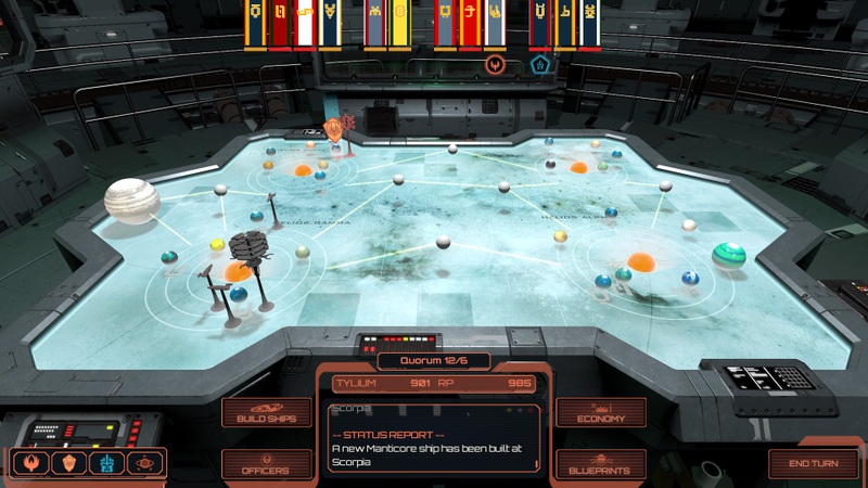 The main campaign screen, showing a map of the Twelve Colonies, Cylon intrusions and the status of each home planet.